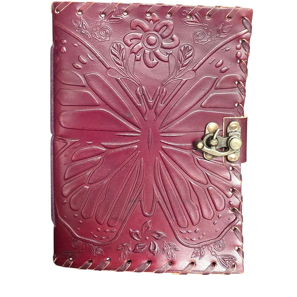 Brown Leather Journal Diary Metal Clasp White Pages 5x7 New Butterfly